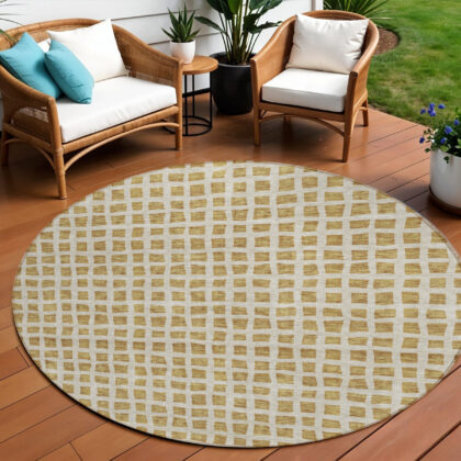 8' Gold And Beige Round Geometric Washable Indoor Outdoor Area Rug
