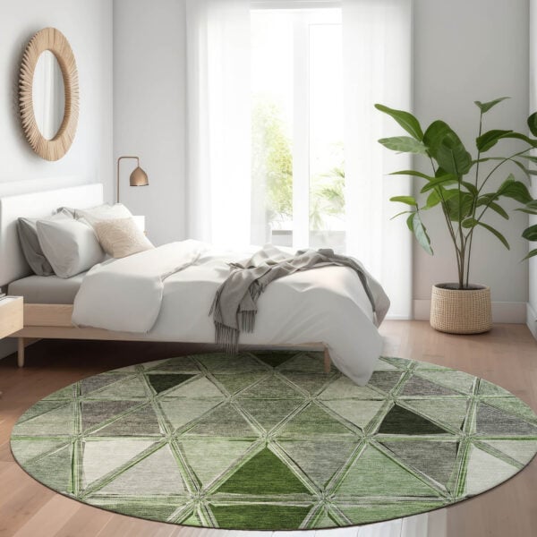 8' Green And Fern Green Round Geometric Washable Indoor Outdoor Area Rug