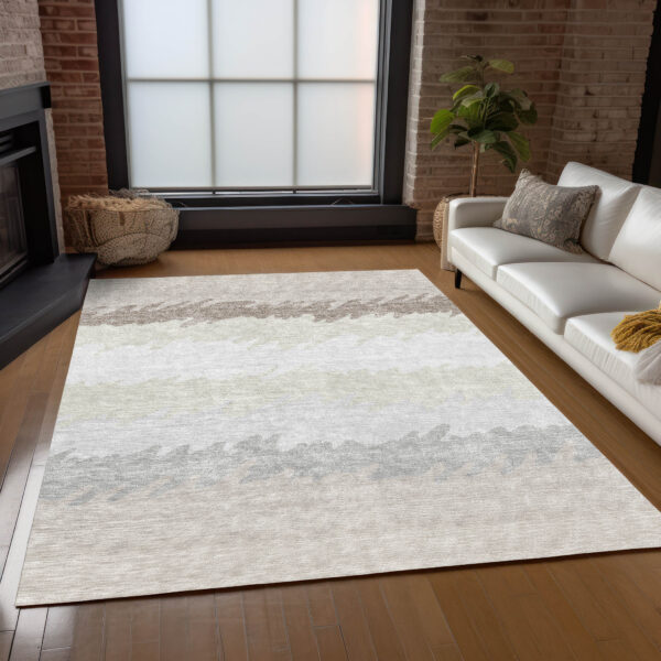 8' X 10' Ivory Beige And Taupe Striped Washable Indoor Outdoor Area Rug