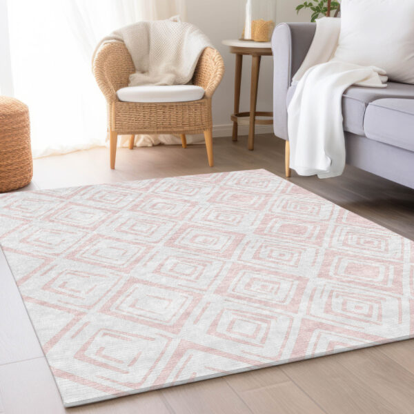 9' X 12' Pink And Ivory Geometric Washable Indoor Outdoor Area Rug