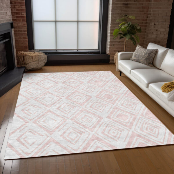 9' X 12' Pink And Ivory Geometric Washable Indoor Outdoor Area Rug