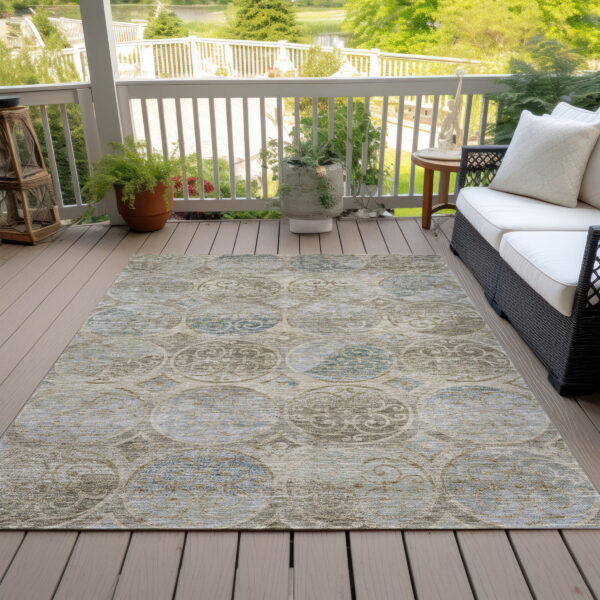 10' X 14' Beige Taupe And Blue Trellis Washable Indoor Outdoor Area Rug
