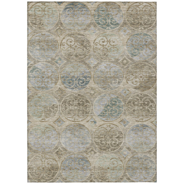 3' X 5' Beige Taupe And Blue Trellis Washable Indoor Outdoor Area Rug