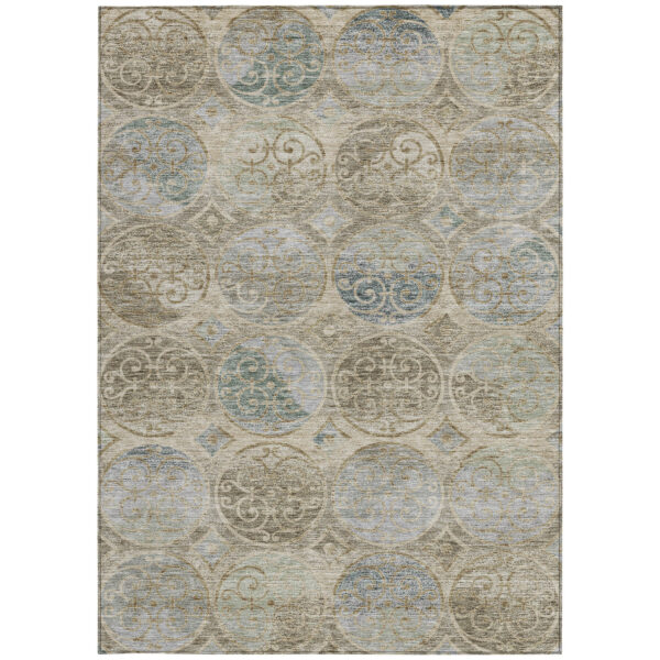 3' X 5' Beige Taupe And Blue Trellis Washable Indoor Outdoor Area Rug