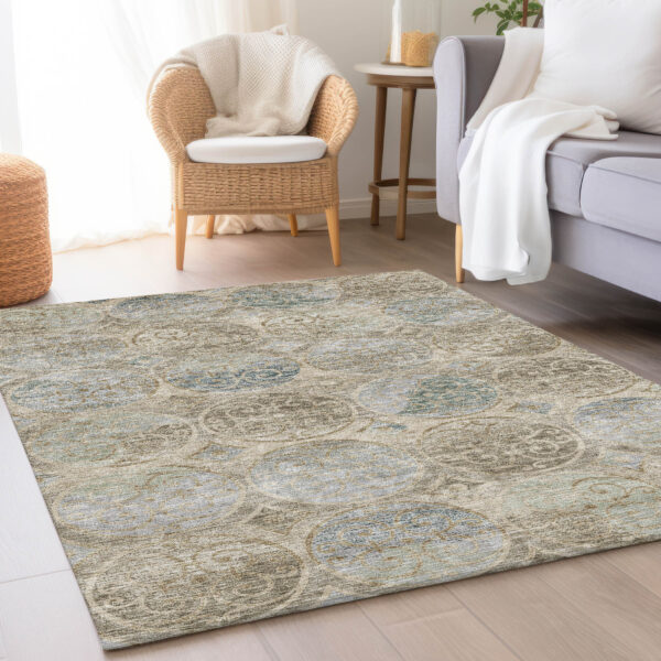 3' X 5' Beige Taupe And Blue Trellis Washable Indoor Outdoor Area Rug