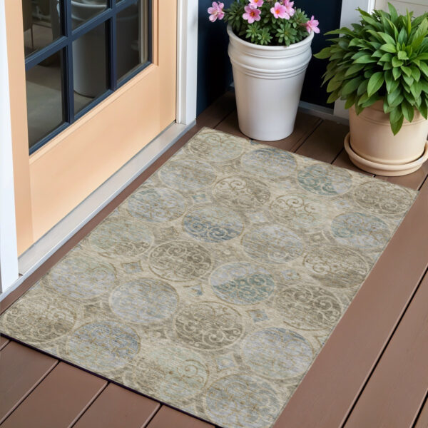 3' X 5' Beige Taupe And Blue Trellis Washable Indoor Outdoor Area Rug