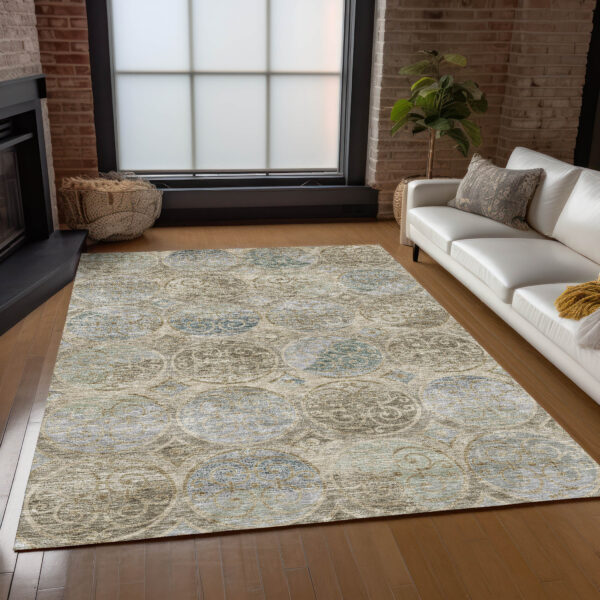 3' X 5' Beige Taupe And Blue Trellis Washable Indoor Outdoor Area Rug