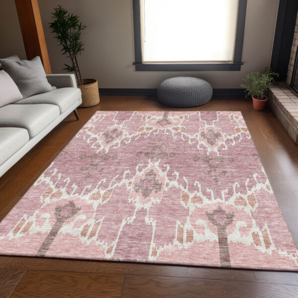 5' X 8' Blush Pink And Ivory Ikat Washable Indoor Outdoor Area Rug