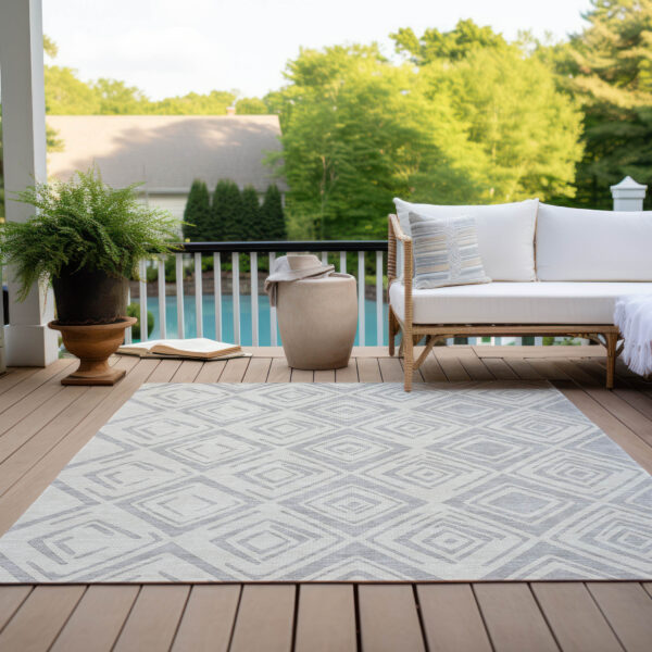 10' X 14' Pewter And Ivory Geometric Washable Indoor Outdoor Area Rug
