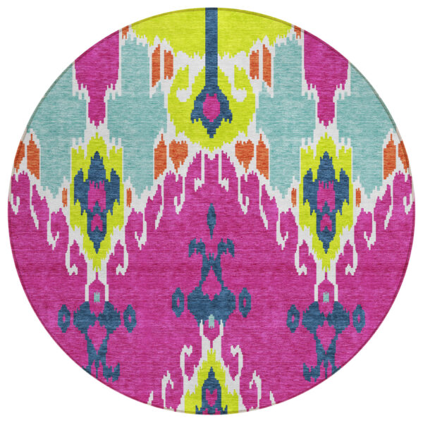 8' Pink Lime Green And Orange Round Ikat Washable Indoor Outdoor Area Rug