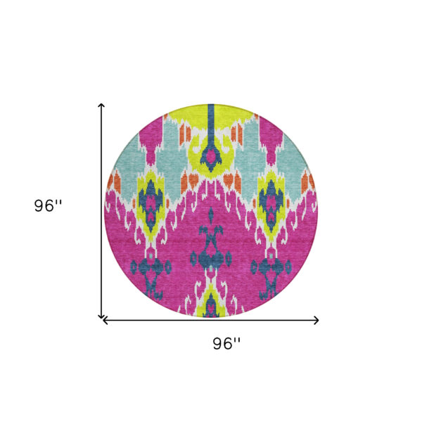 8' Pink Lime Green And Orange Round Ikat Washable Indoor Outdoor Area Rug
