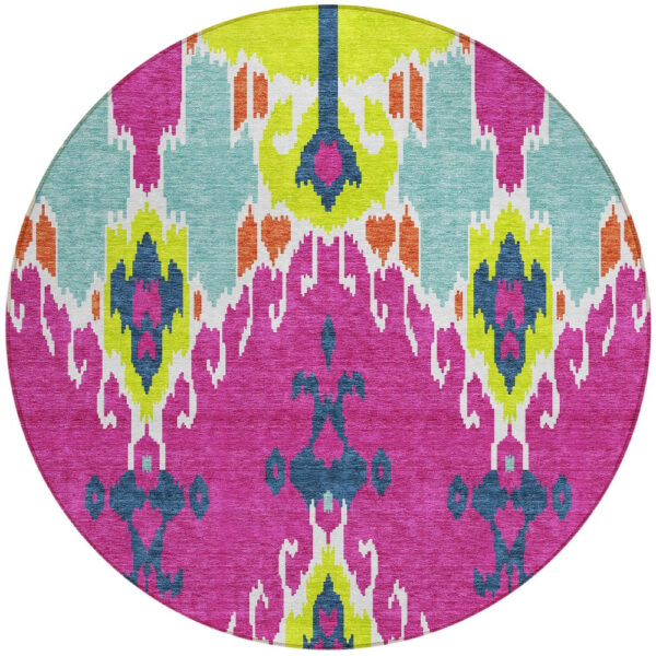 8' Pink Lime Green And Orange Round Ikat Washable Indoor Outdoor Area Rug