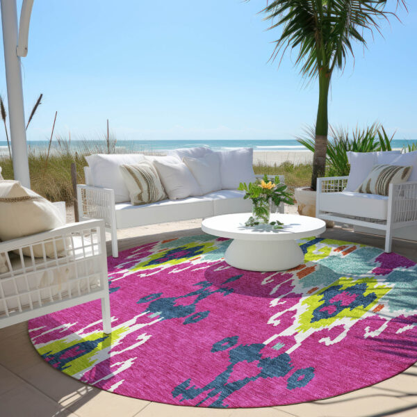 8' Pink Lime Green And Orange Round Ikat Washable Indoor Outdoor Area Rug