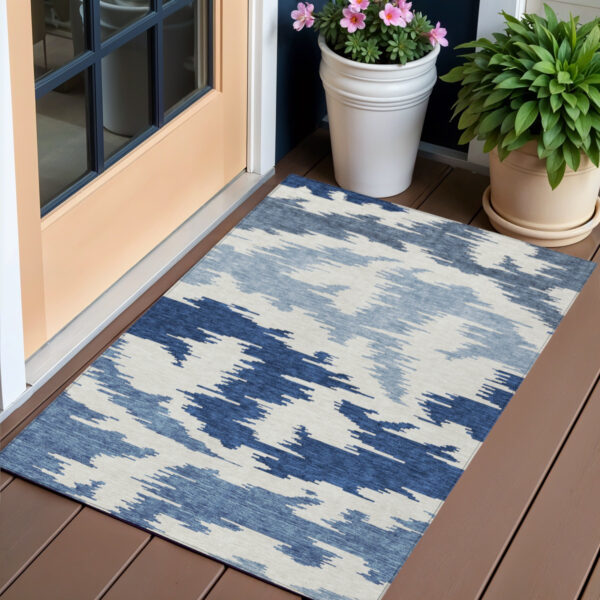 3' X 5' Navy Blue And Denim Blue Abstract Washable Indoor Outdoor Area Rug