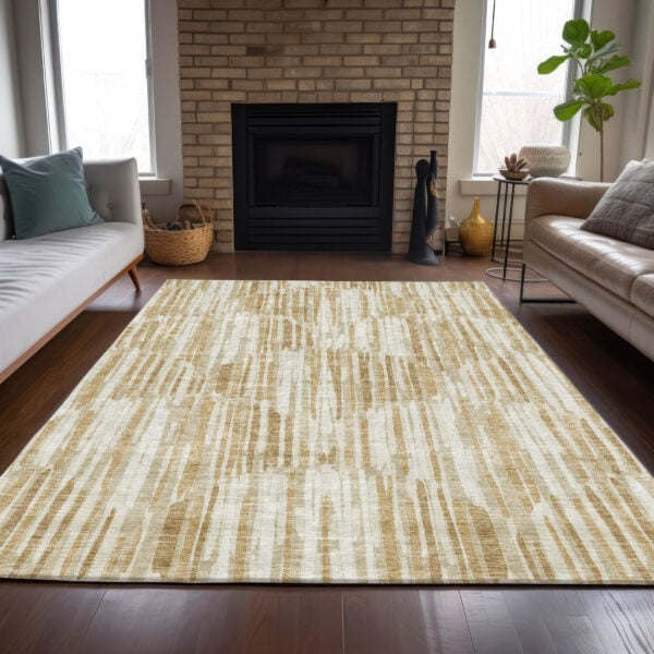 5' X 8' Gold Beige And Ivory Abstract Washable Indoor Outdoor Area Rug