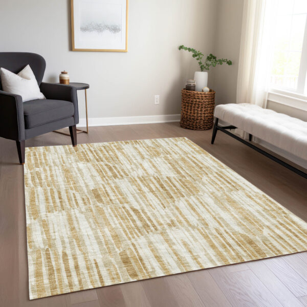 5' X 8' Gold Beige And Ivory Abstract Washable Indoor Outdoor Area Rug