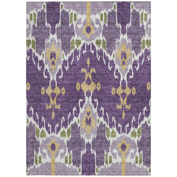 9' X 12' Purple Lavender And Gold Ikat Washable Indoor Outdoor Area Rug