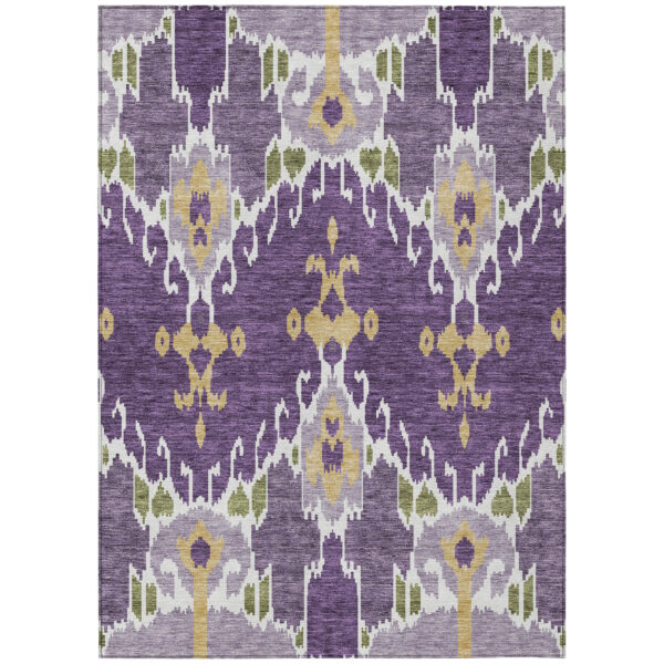 9' X 12' Purple Lavender And Gold Ikat Washable Indoor Outdoor Area Rug