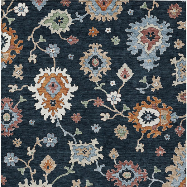 10' X 14' Black Blue And Ivory Floral Washable Indoor Outdoor Area Rug