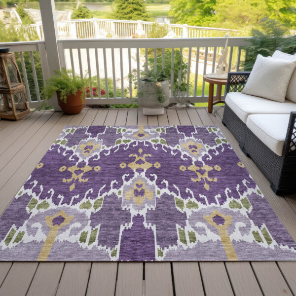 9' X 12' Purple Lavender And Gold Ikat Washable Indoor Outdoor Area Rug
