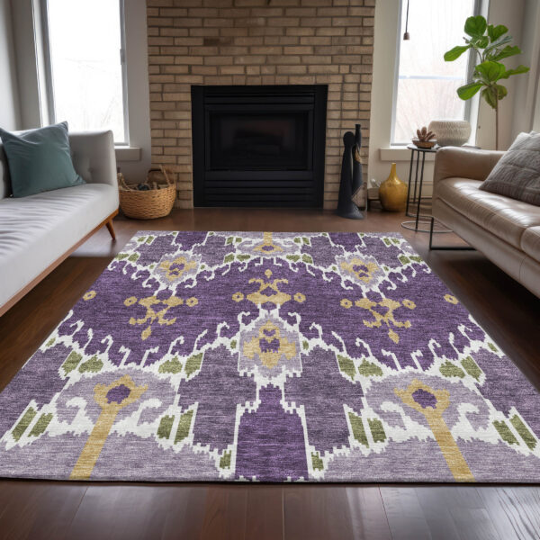 9' X 12' Purple Lavender And Gold Ikat Washable Indoor Outdoor Area Rug