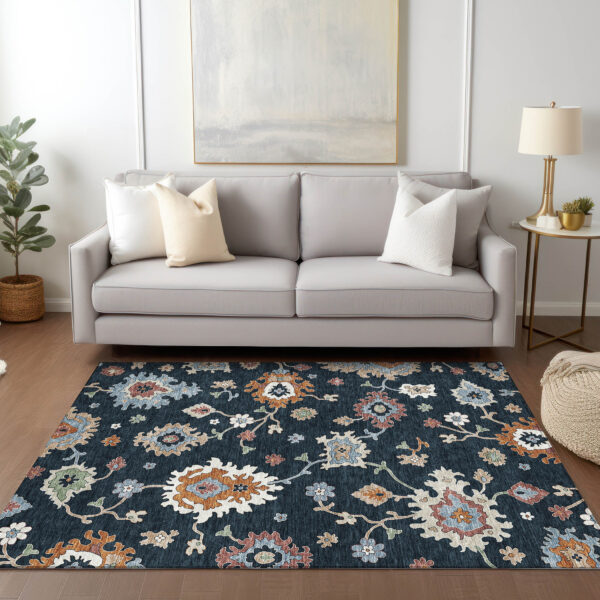 10' X 14' Black Blue And Ivory Floral Washable Indoor Outdoor Area Rug