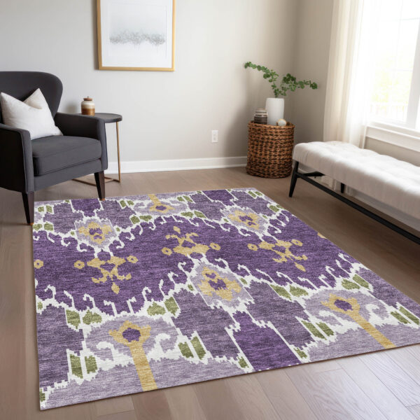 9' X 12' Purple Lavender And Gold Ikat Washable Indoor Outdoor Area Rug