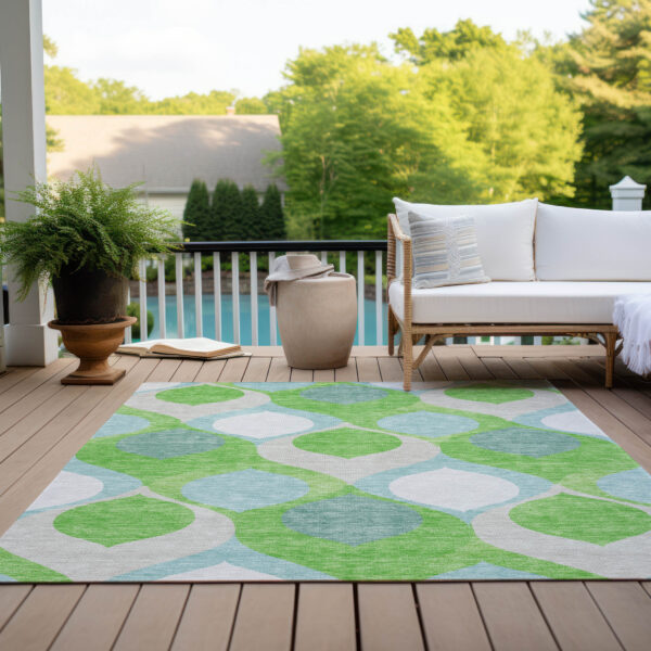 10' X 14' Lime Green Sky Blue And Denim Blue Ogee Washable Indoor Outdoor Area Rug