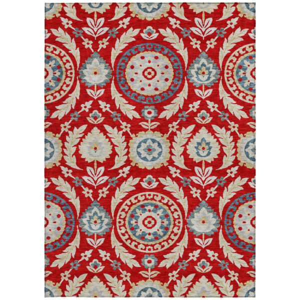 5' X 8' Red Beige And Navy Blue Floral Washable Indoor Outdoor Area Rug