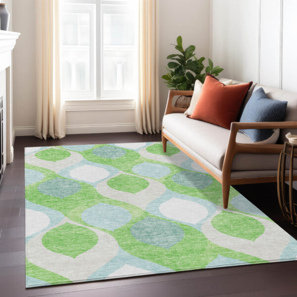 10' X 14' Lime Green Sky Blue And Denim Blue Ogee Washable Indoor Outdoor Area Rug