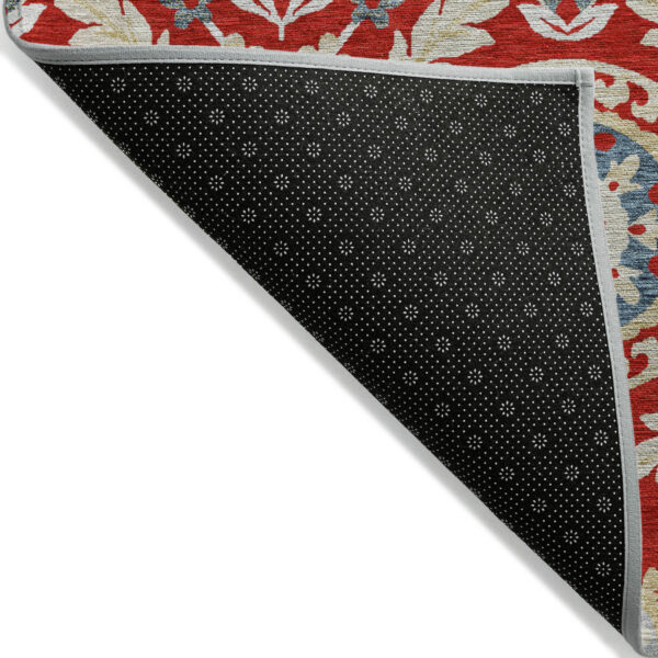 5' X 8' Red Beige And Navy Blue Floral Washable Indoor Outdoor Area Rug