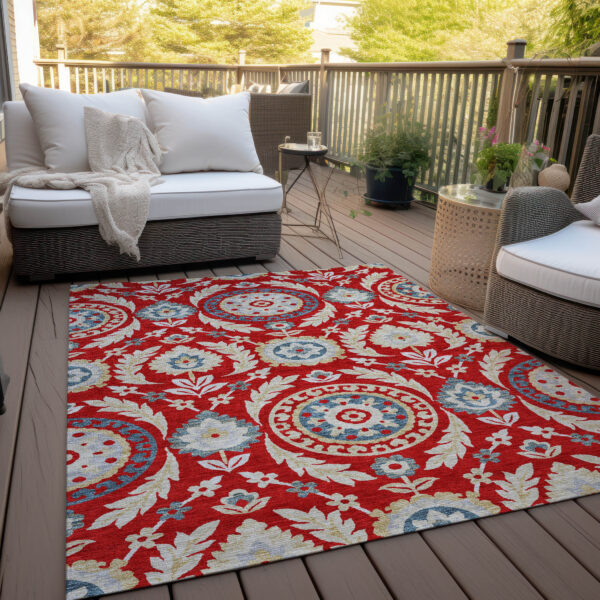 5' X 8' Red Beige And Navy Blue Floral Washable Indoor Outdoor Area Rug