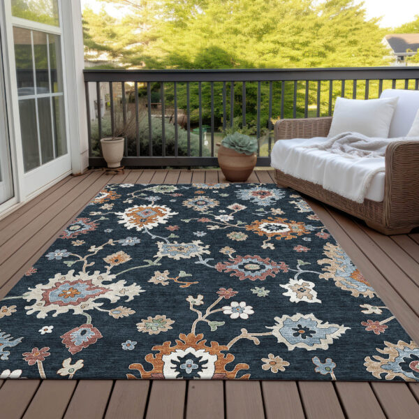 10' X 14' Black Blue And Ivory Floral Washable Indoor Outdoor Area Rug