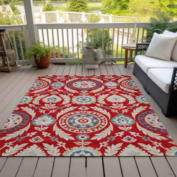 5' X 8' Red Beige And Navy Blue Floral Washable Indoor Outdoor Area Rug