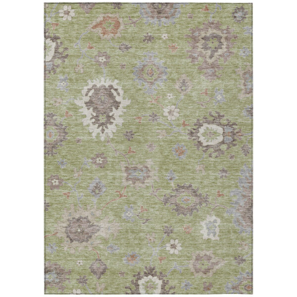 3' X 5' Artichoke Green And Beige Floral Washable Indoor Outdoor Area Rug