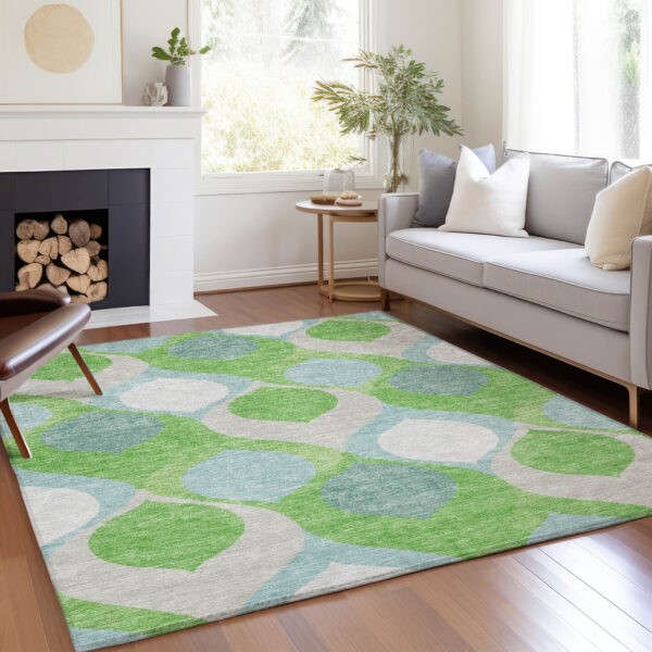 10' X 14' Lime Green Sky Blue And Denim Blue Ogee Washable Indoor Outdoor Area Rug