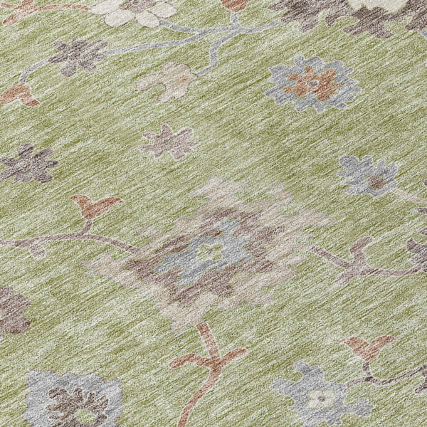 3' X 5' Artichoke Green And Beige Floral Washable Indoor Outdoor Area Rug