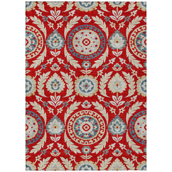 5' X 8' Red Beige And Navy Blue Floral Washable Indoor Outdoor Area Rug