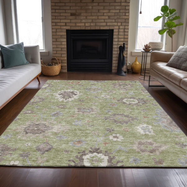 3' X 5' Artichoke Green And Beige Floral Washable Indoor Outdoor Area Rug