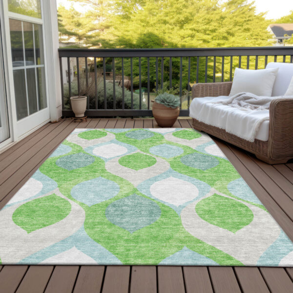10' X 14' Lime Green Sky Blue And Denim Blue Ogee Washable Indoor Outdoor Area Rug