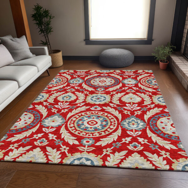 5' X 8' Red Beige And Navy Blue Floral Washable Indoor Outdoor Area Rug