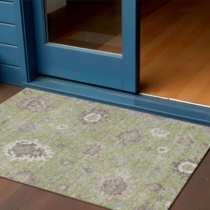 3' X 5' Artichoke Green And Beige Floral Washable Indoor Outdoor Area Rug