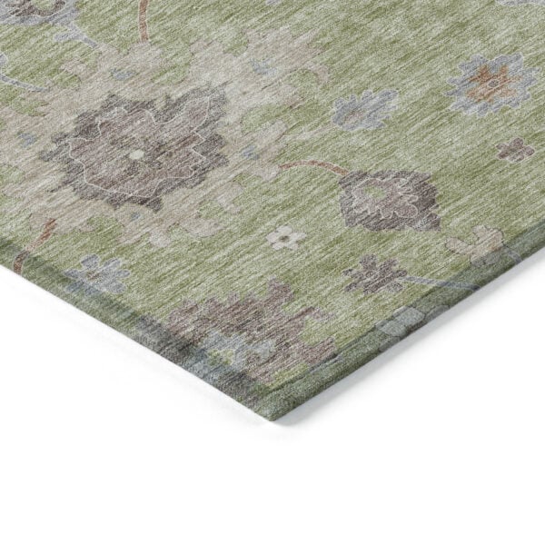 3' X 5' Artichoke Green And Beige Floral Washable Indoor Outdoor Area Rug