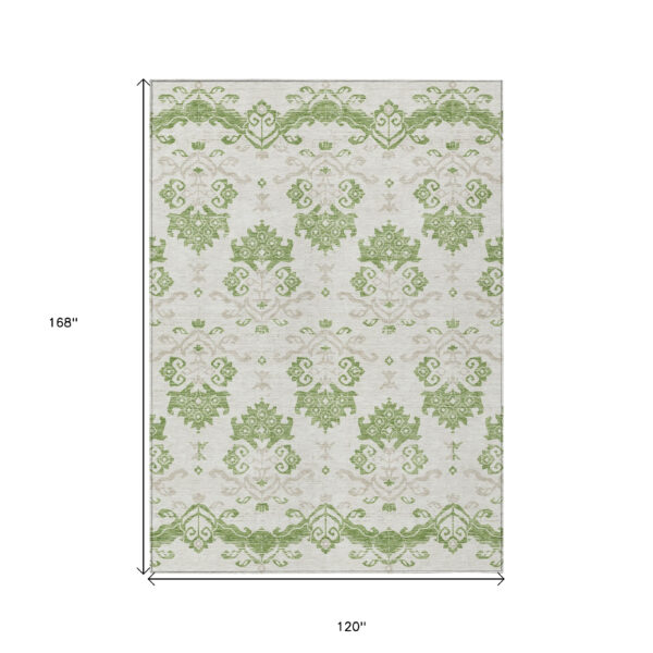 10' X 14' Green Beige And Taupe Oriental Washable Indoor Outdoor Area Rug