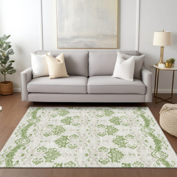 10' X 14' Green Beige And Taupe Oriental Washable Indoor Outdoor Area Rug