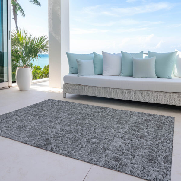 8' X 10' Gray Charcoal And Silver Floral Washable Indoor Outdoor Area Rug