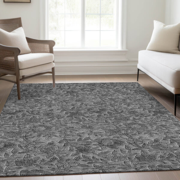 8' X 10' Gray Charcoal And Silver Floral Washable Indoor Outdoor Area Rug