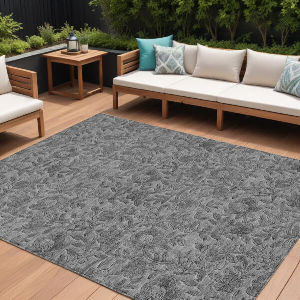 8' X 10' Gray Charcoal And Silver Floral Washable Indoor Outdoor Area Rug