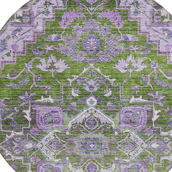 8' Olive Green And Purple Round Oriental Washable Indoor Outdoor Area Rug