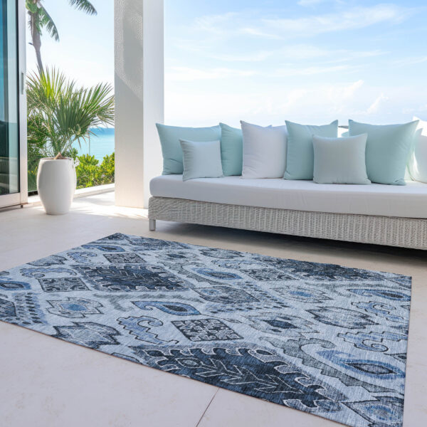 9' X 12' Denim Blue And Sky Blue Moroccan Washable Indoor Outdoor Area Rug